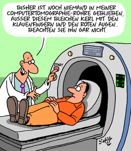 Cartoon: Computertomographie (medium) by Karsten Schley tagged gesundheit,ärzte,patienten,untersuchungen,computertomographie,röntgen,krankenhäuser,technik,gesellschaft,gesundheit,ärzte,patienten,untersuchungen,computertomographie,röntgen,krankenhäuser,technik,gesellschaft