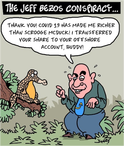 Cartoon: Conspiracy! (medium) by Karsten Schley tagged amazon,covid19,sales,business,economy,jobs,retail,jeff,bezos,pangolins,money,profits,amazon,covid19,sales,business,economy,jobs,retail,jeff,bezos,pangolins,money,profits