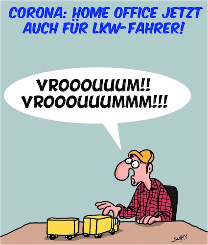 Cartoon: Corona - Arbeit im Home Office (medium) by Karsten Schley tagged corona,arbeit,home,office,gesundheit,viren,wirtschaft,gesellschaft,transport,lkw,pandemie,corona,arbeit,home,office,gesundheit,viren,wirtschaft,gesellschaft,transport,lkw,pandemie