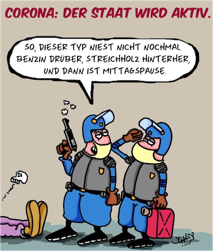 Cartoon: Corona - Der Staat wird aktiv (medium) by Karsten Schley tagged corona,staat,gesundheit,regierung,politik,vorsorge,polizei,gesellschaft,corona,staat,gesundheit,regierung,politik,vorsorge,polizei,gesellschaft