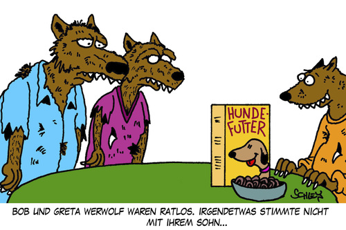 Cartoon: Da stimmt was nicht... (medium) by Karsten Schley tagged familie,eltern,kinder,ernährung,werwölfe,literatur,horror,unterhaltung,familie,eltern,kinder,ernährung,werwölfe,literatur,horror,unterhaltung