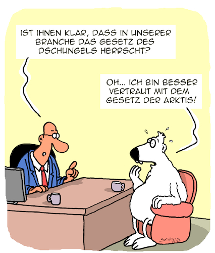 Cartoon: Das Gesetz (medium) by Karsten Schley tagged wirtschaft,kapitalismus,dschungel,business,arktis,jobs,management,arbeitgeber,arbeitnehmer,bewerbungen,bewerbergespräche,wirtschaft,kapitalismus,dschungel,business,arktis,jobs,management,arbeitgeber,arbeitnehmer,bewerbungen,bewerbergespräche