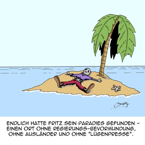 Cartoon: Das Paradies!!! (medium) by Karsten Schley tagged nationalismus,rassismus,pegida,populismus,politik,flüchtlinge,ausländer,gesellschaft,deutschland,europa,nationalismus,rassismus,pegida,populismus,politik,flüchtlinge,ausländer,gesellschaft,deutschland,europa