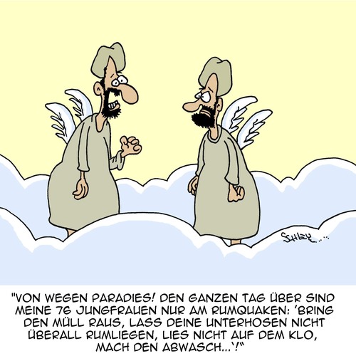 Cartoon: Das Paradies wartet!! (medium) by Karsten Schley tagged tod,leben,paradies,glaube,religion,islam,muslime,prophet,himmel,leben,tod,paradies,glaube,religion,islam,muslime,prophet,himmel