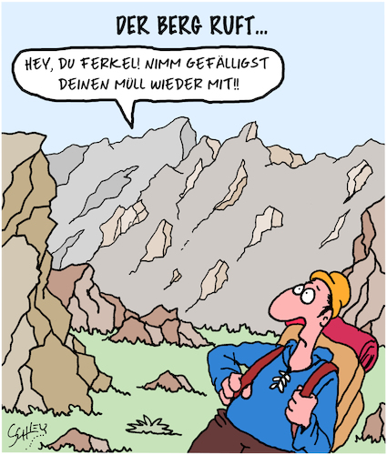 Cartoon: Der Berg ruft! (medium) by Karsten Schley tagged natur,umwelt,reisen,tourismus,müll,umweltverschmutzung,berge,sport,bergsteiger,natur,umwelt,reisen,tourismus,müll,umweltverschmutzung,berge,sport,bergsteiger