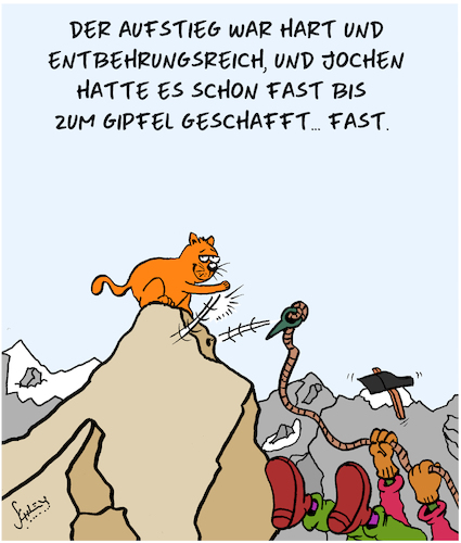 Cartoon: Der Berg ruft! (medium) by Karsten Schley tagged sport,natur,berge,bergsteigen,rekorde,alpen,umwelt,freizeit,hobby,tiere,katzen,sport,natur,berge,bergsteigen,rekorde,alpen,umwelt,freizeit,hobby,tiere,katzen