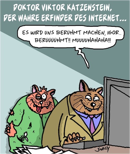 Cartoon: Der Erfinder (medium) by Karsten Schley tagged internet,katzen,erfindungen,computer,technik,historisches,ruhm,wissenschaft,forschung,gesellschaft,internet,katzen,erfindungen,computer,technik,historisches,ruhm,wissenschaft,forschung,gesellschaft