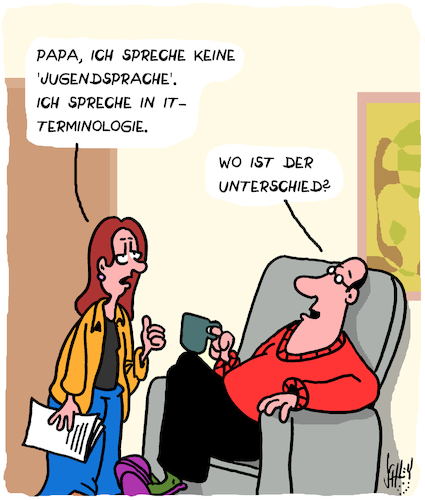 Cartoon: Der Unterschied (medium) by Karsten Schley tagged jugend,jugendsprache,it,computer,technologie,fachausdrücke,alter,bildung,verständigung,kommunikation,eltern,kinder,familien,gesellschaft,jobs,jugend,jugendsprache,it,computer,technologie,fachausdrücke,alter,bildung,verständigung,kommunikation,eltern,kinder,familien,gesellschaft,jobs