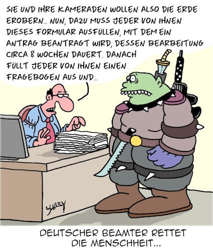 Cartoon: Deutsche Beamte (medium) by Karsten Schley tagged beamte,formulare,verordnungen,anträge,bürokratie,aliens,wartezeiten,regeln,gesetze,science,fiction,politik,gesellschaft,beamte,formulare,verordnungen,anträge,bürokratie,aliens,wartezeiten,regeln,gesetze,science,fiction,politik,gesellschaft