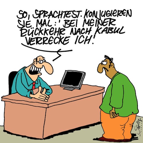 Cartoon: Deutschtest (medium) by Karsten Schley tagged integration,abschiebung,afghanistan,terrorismus,asyl,deutschland,europa,politik,demokratie,integration,abschiebung,afghanistan,terrorismus,asyl,deutschland,europa,politik,demokratie