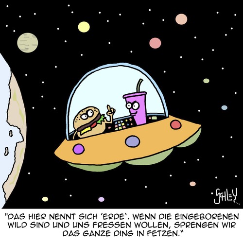Cartoon: Die Aliens kommen!! (medium) by Karsten Schley tagged weltraum,ausserirdische,ernährung,essen,fastfood,natur,aliens,weltraum,ausserirdische,ernährung,essen,fastfood,natur,aliens