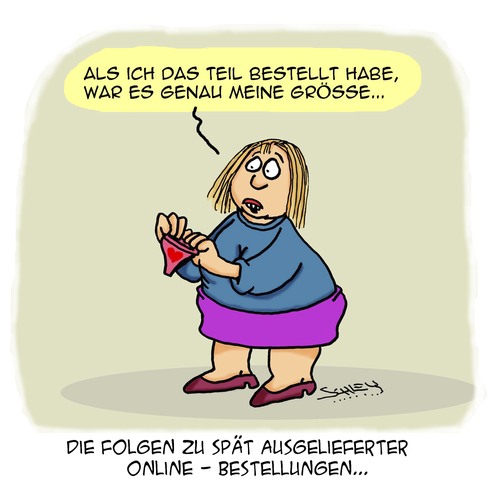 Cartoon: Die Grösse zählt DOCH! (medium) by Karsten Schley tagged transport,paketdienste,onlineshopping,wirtschaft,business,ecommerce,kunden,kleidergrösse,übergewicht,fettleibigkeit,transportverspätung,transport,paketdienste,onlineshopping,wirtschaft,business,ecommerce,kunden,kleidergrösse,übergewicht,fettleibigkeit,transportverspätung