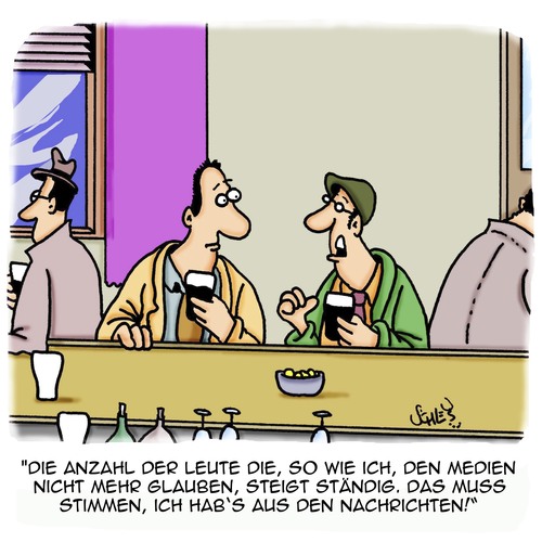 Cartoon: Die Medien lügen! (medium) by Karsten Schley tagged medien,nachrichten,fernsehen,zeitungen,berichterstattung,vertrauen,bars,kneipen,pubs,gastronomie,medien,nachrichten,fernsehen,zeitungen,berichterstattung,vertrauen,bars,kneipen,pubs,gastronomie