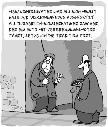 Cartoon: Die Tradition (medium) by Karsten Schley tagged geschichte,familie,kommunismus,politik,hass,diskriminierung,raucher,konservative,autos,gesellschaft,medien,geschichte,familie,kommunismus,politik,hass,diskriminierung,raucher,konservative,autos,gesellschaft,medien