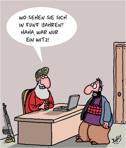 Cartoon: Die Zukunft (medium) by Karsten Schley tagged jobs,karriere,religion,terrorismus,selbstmordattentäter,krieg,politik,jobs,karriere,religion,terrorismus,selbstmordattentäter,krieg,politik