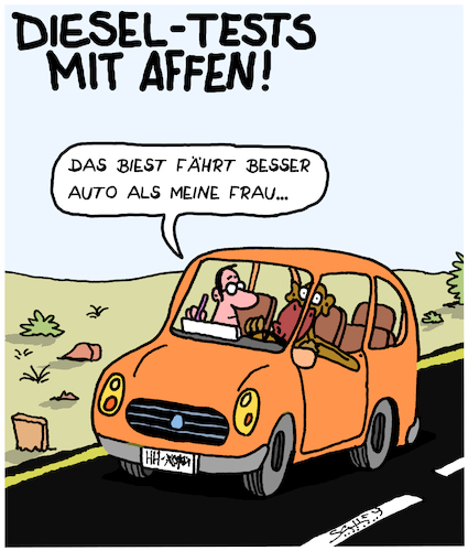 Cartoon: Diesel-Test (medium) by Karsten Schley tagged autohersteller,diesel,tierversuche,umwelt,abgase,abgeasskandal,schadstoffe,autofahren,wirtschaft,ethik,business,umsatz,industrie,autohersteller,diesel,tierversuche,umwelt,abgase,abgeasskandal,schadstoffe,autofahren,wirtschaft,ethik,business,umsatz,industrie