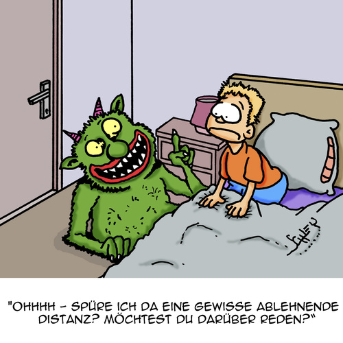 Cartoon: Distanz (medium) by Karsten Schley tagged kommunikation,gefühle,emotionen,distanz,kindheit,alpträume,mythen,märchen,monster,kommunikation,gefühle,emotionen,distanz,kindheit,alpträume,mythen,märchen,monster