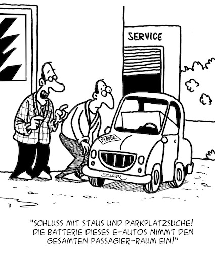 Cartoon: E-Auto (medium) by Karsten Schley tagged elektroautos,batterien,autohandel,verkehr,staus,parkplätze,mobilität,benzinpreise,verbraucher,individualverkehr,politik,gesellschaft,elektroautos,batterien,autohandel,verkehr,staus,parkplätze,mobilität,benzinpreise,verbraucher,individualverkehr,politik,gesellschaft