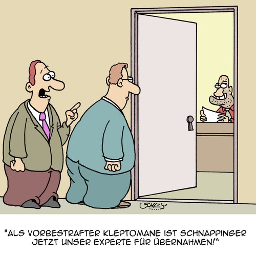 Cartoon: Eine Chance für Kriminelle (medium) by Karsten Schley tagged wirtschaft,business,übernahmen,jobs,gesetz,justiz,verbrechen,diebstahl,kleptomanie,wirtschaft,business,übernahmen,jobs,gesetz,justiz,verbrechen,diebstahl,kleptomanie