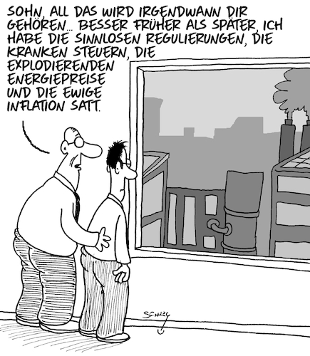 Cartoon: Eines Tages (medium) by Karsten Schley tagged wirtschaftspolitik,inkompetenz,steuern,regularien,vorschriften,unternehmer,politiker,gesellschaft,wirtschaftspolitik,inkompetenz,steuern,regularien,vorschriften,unternehmer,politiker,gesellschaft