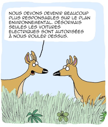 Cartoon: Electriques (medium) by Karsten Schley tagged environnement,sensibilisation,respnsabilite,animaux,voitures,electriques,technologie,environnement,sensibilisation,respnsabilite,animaux,voitures,electriques,technologie