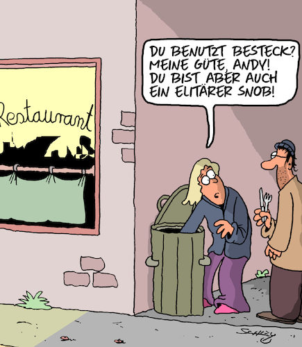 Cartoon: Elitär (medium) by Karsten Schley tagged armut,einkommen,snobismus,geld,ernährung,manieren,politik,gesellschaft,armut,einkommen,snobismus,geld,ernährung,manieren,politik,gesellschaft