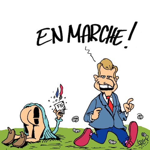 Cartoon: En Marche (medium) by Karsten Schley tagged politik,frankreich,macron,fn,wahlen,stichwahlen,marine,le,pen,rechtsextremismus,faschismus,europa,eu,rassismus,isis,politik,frankreich,macron,fn,wahlen,stichwahlen,marine,le,pen,rechtsextremismus,faschismus,europa,eu,rassismus,isis