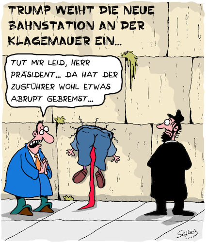 Cartoon: Endstation (medium) by Karsten Schley tagged trump,israel,usa,jerusalem,palestina,bahnstation,einweihung,klagemauer,politik,besatzung,krieg,trump,israel,usa,jerusalem,palestina,bahnstation,einweihung,klagemauer,politik,besatzung,krieg