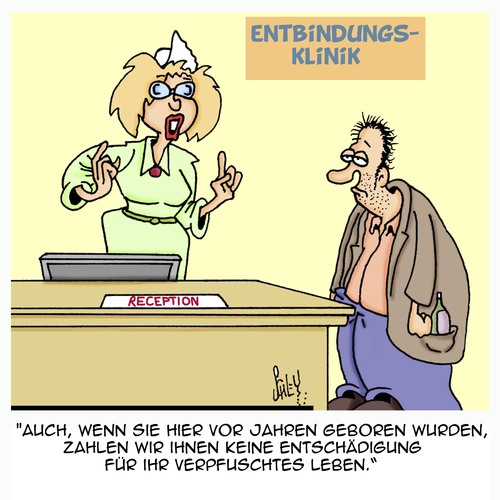 Cartoon: Entschädigung (medium) by Karsten Schley tagged leben,geburt,karriere,entschädigung,gesundheit,krankenhaus,leben,geburt,karriere,entschädigung,gesundheit,krankenhaus