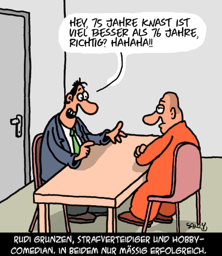 Cartoon: Erfolg (medium) by Karsten Schley tagged anwälte,strafverteidiger,comedians,erfolg,gefängnis,justiz,strafe,job,hobby,gesellschaft,anwälte,strafverteidiger,comedians,erfolg,gefängnis,justiz,strafe,job,hobby,gesellschaft