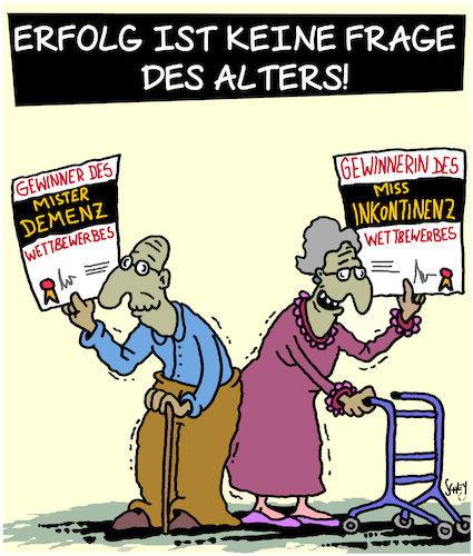 Cartoon: Erfolg im Alter (medium) by Karsten Schley tagged alter,wettbewerbe,erfolg,gewinnen,gesundheit,aktivität,sport,männer,frauen,gesellschaft,alter,wettbewerbe,erfolg,gewinnen,gesundheit,aktivität,sport,männer,frauen,gesellschaft