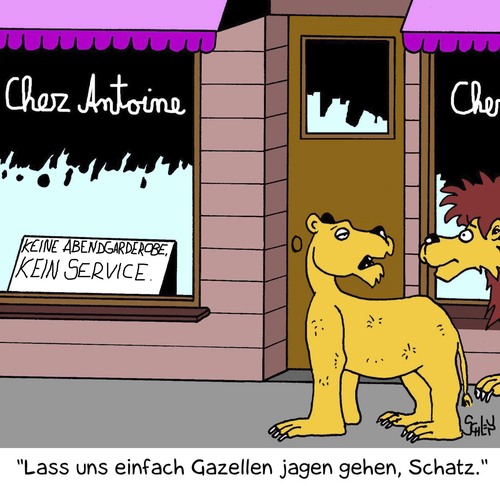 Cartoon: Essen gehen (medium) by Karsten Schley tagged essen,ernährung,gastronomie,tiere,natur,löwen,restaurants,lifestyle,freizeit,kultur,essen,ernährung,gastronomie,tiere,natur,löwen,restaurants,lifestyle,freizeit,kultur