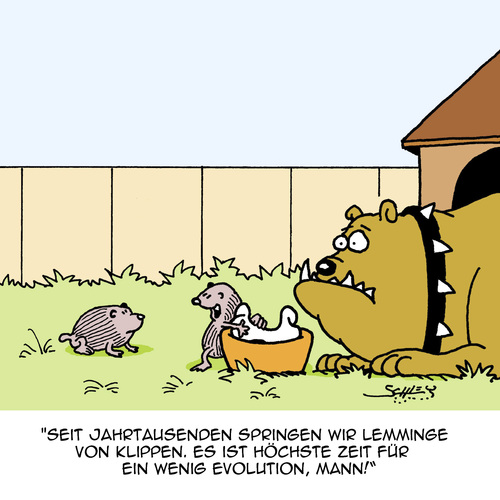 Cartoon: Evolution rockt! (medium) by Karsten Schley tagged tiere,natur,evolution,lemminge,hunde,biologie,fressen,tiere,natur,evolution,lemminge,hunde,biologie,fressen