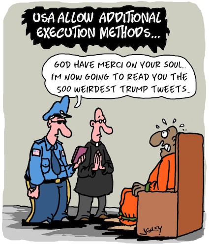 Cartoon: Execution Methods (medium) by Karsten Schley tagged usa,trump,tweets,justice,death,law,penalty,executions,politics,society,usa,trump,tweets,justice,death,law,penalty,executions,politics,society