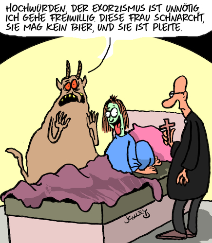 Cartoon: Exorzismus (medium) by Karsten Schley tagged exorzismus,religion,katholizismus,dämonen,aberglaube,besessenheit,wirtschaft,pleite,politik,gesellschaft,exorzismus,religion,katholizismus,dämonen,aberglaube,besessenheit,wirtschaft,pleite,politik,gesellschaft