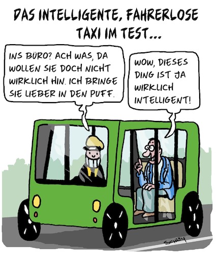 Cartoon: Fahrerloses Taxi (medium) by Karsten Schley tagged technik,computer,fahrsysteme,verkehr,wissenschaft,transport,wirtschaft,politik,technik,computer,fahrsysteme,verkehr,wissenschaft,transport,wirtschaft,politik