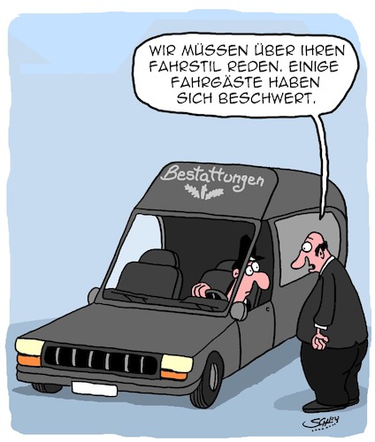 Cartoon: Fahrstil (medium) by Karsten Schley tagged autofahrer,wirtschaft,leichenwagen,tod,transport,fahrstil,business,bestattungen,straßenverkehr,gesellschaft,autofahrer,wirtschaft,leichenwagen,tod,transport,fahrstil,business,bestattungen,straßenverkehr,gesellschaft