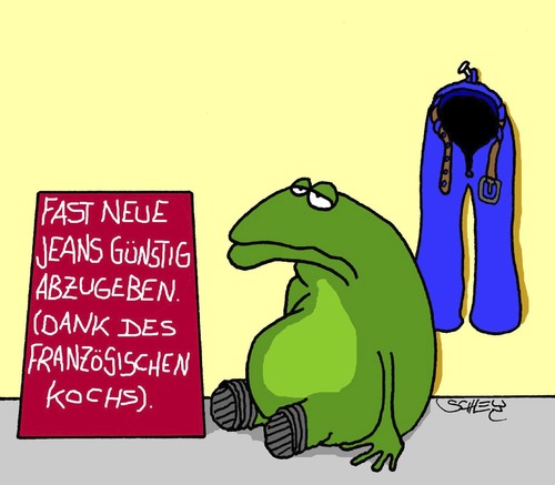 Cartoon: Fast neu (medium) by Karsten Schley tagged kultur,frankreich,französisch,ernährung,essen,tiere,verkaufen,mode,umsatz,geld,gastronomie,kultur,frankreich,ernährung,tiere,frosch