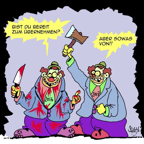 Cartoon: Feindliche Übernahme (medium) by Karsten Schley tagged 2016,2017,jahreswechsel,krieg,gewalt,terrorismus,tod,demokratie,extremismus,politik,horrorclowns,2016,2017,jahreswechsel,krieg,gewalt,terrorismus,tod,demokratie,extremismus,politik,horrorclowns