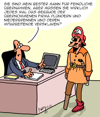 Cartoon: Feindliche Übernahme (medium) by Karsten Schley tagged wirtschaft,business,übernahmen,synergien,arbeitgeber,arbeitnehmer,plünderungen,brandschatzung,piraterie,gesellschaft,medien,wirtschaft,business,übernahmen,synergien,arbeitgeber,arbeitnehmer,plünderungen,brandschatzung,piraterie,gesellschaft,medien