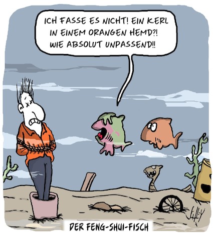 Cartoon: Feng Shui (medium) by Karsten Schley tagged fengshui,kultur,mode,fische,stil,einrichtungen,trends,lebensart,gesellschaft,fengshui,kultur,mode,fische,stil,einrichtungen,trends,lebensart,gesellschaft