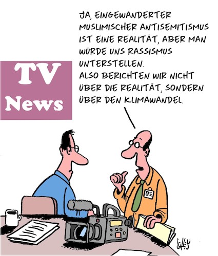 Cartoon: Fernseh-Nachrichten (medium) by Karsten Schley tagged fernsehen,selbstzensur,politik,journalismus,medien,nachrichten,antisemitismus,einwanderung,fakenews,gesellschaft,fernsehen,selbstzensur,politik,journalismus,medien,nachrichten,antisemitismus,einwanderung,fakenews,gesellschaft