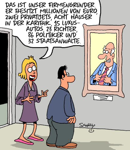 Cartoon: Firmengründer (medium) by Karsten Schley tagged wirtschaft,wirtschaftskriminalität,korruption,justiz,geld,bestechung,staatsversagen,steuerflucht,politik,gesellschaft,wirtschaft,wirtschaftskriminalität,korruption,justiz,geld,bestechung,staatsversagen,steuerflucht,politik,gesellschaft