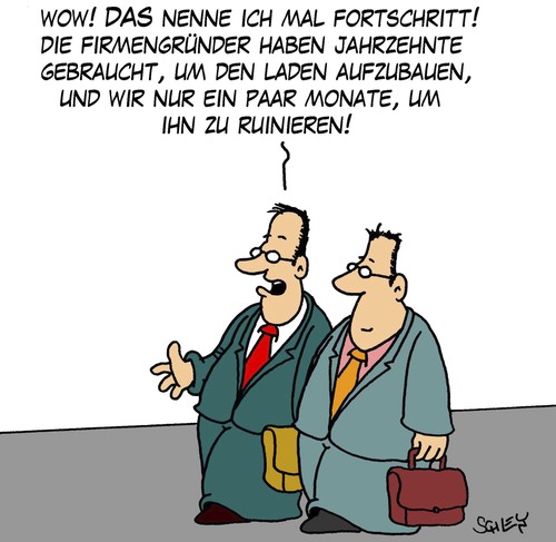 Cartoon: Fortschritt (medium) by Karsten Schley tagged wirtschaft,karriere,jobs,geld,business,manager,management,fortschritt,entwicklung,krise,wirtschaftskrise,wirtschaft,karriere,jobs,geld,business,manager,management,fortschritt,entwicklung,krise,wirtschaftskrise