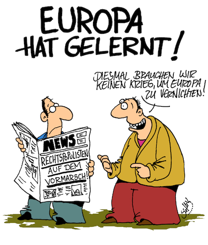 Cartoon: Fortschritt (medium) by Karsten Schley tagged europa,rechtspopulismus,rechtsextremismus,gesellschaft,wahlen,politikverdrossenheit,wutbürger,krieg,eu,politik,europa,rechtspopulismus,rechtsextremismus,gesellschaft,wahlen,politikverdrossenheit,wutbürger,krieg,eu,politik