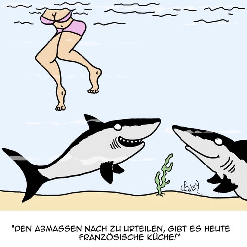 Cartoon: Französisch (medium) by Karsten Schley tagged tiere,meer,urlaub,haie,schwimmen,sport,schönheit,körper,frauen,küche,nahrung,tiere,meer,urlaub,haie,schwimmen,sport,schönheit,körper,frauen,küche,nahrung