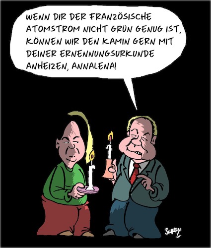 Cartoon: Frau Baerbock in Frankreich (medium) by Karsten Schley tagged baerbock,grüne,atomkraft,frankreich,energie,deutschland,europa,scholz,gesellschaft,baerbock,grüne,atomkraft,frankreich,energie,deutschland,europa,scholz,gesellschaft