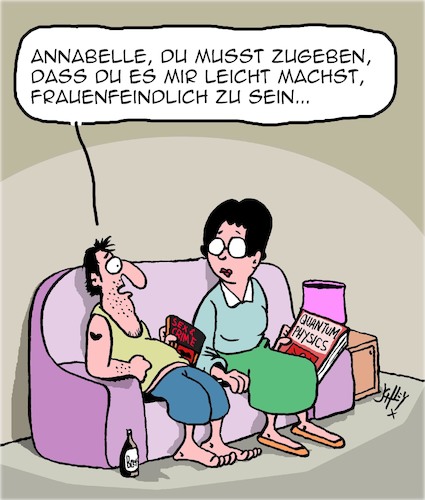 Cartoon: Frauenfeindlichkeit (medium) by Karsten Schley tagged männer,frauen,frauenfeindlichkeit,bildung,einkommen,beziehungen,liebe,ehe,gesellschaft,männer,frauen,frauenfeindlichkeit,bildung,einkommen,beziehungen,liebe,ehe,gesellschaft