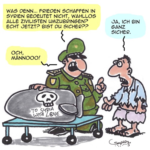 Cartoon: Friede auf Erden (medium) by Karsten Schley tagged russland,taktik,terror,zivilisten,syrien,militär,zerstörung,tod,krieg,krieg,tod,zerstörung,militär,syrien,zivilisten,terror,taktik,russland