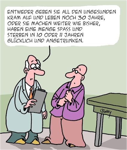 Cartoon: Früher oder später (medium) by Karsten Schley tagged patienten,ärzte,gesundheit,alter,lebensweise,alkohol,glück,zufriedenheit,gesellschaft,patienten,ärzte,gesundheit,alter,lebensweise,alkohol,glück,zufriedenheit,gesellschaft